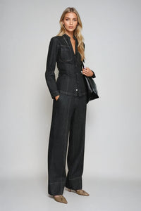 Women's Black Denim Wide-Leg Co-ord Set with Press-Stud Shirt - Maisie London
