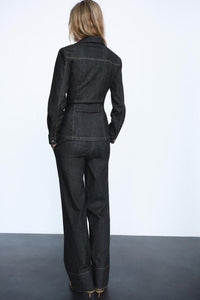 Women's Black Denim Wide-Leg Co-ord Set with Press-Stud Shirt - Maisie London