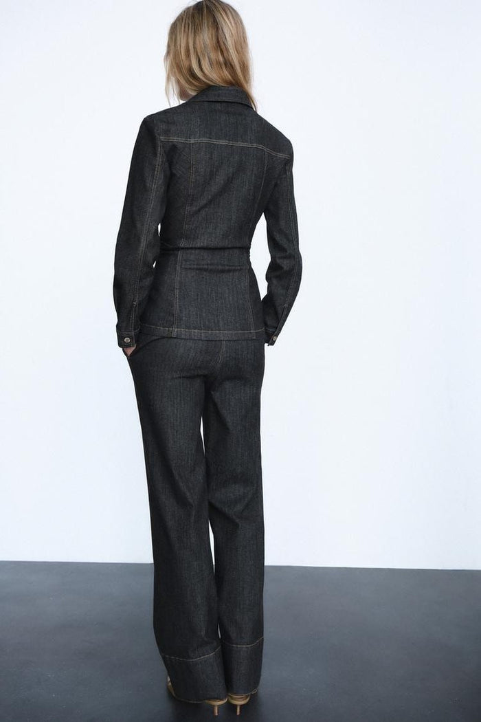 Women's Black Denim Wide-Leg Co-ord Set with Press-Stud Shirt - Maisie London