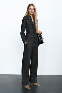 Women's Black Denim Wide-Leg Co-ord Set with Press-Stud Shirt - Maisie London
