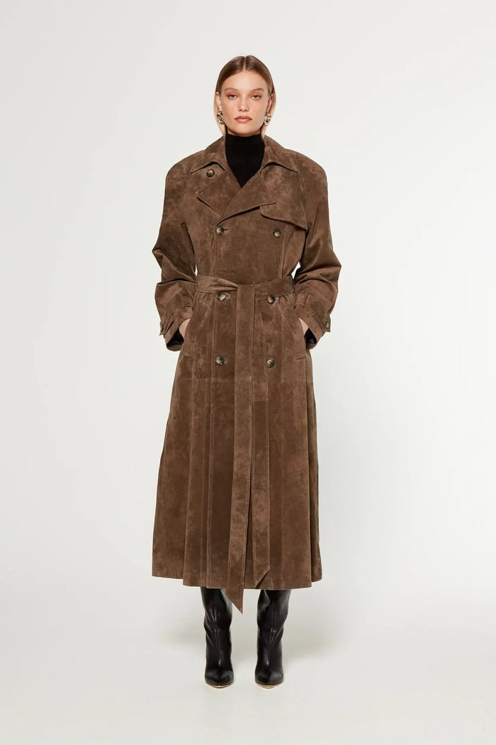 Women's Brown Faux Suede Trench Coat with Belt and Button-Front - Maisie London