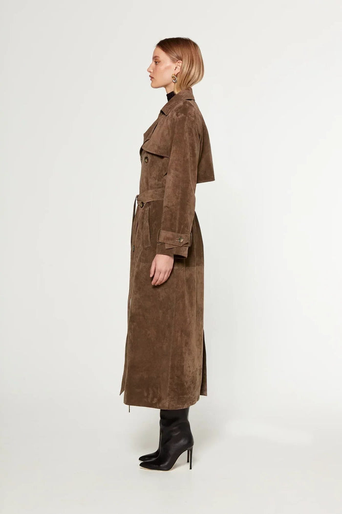 Women's Brown Faux Suede Trench Coat with Belt and Button-Front - Maisie London