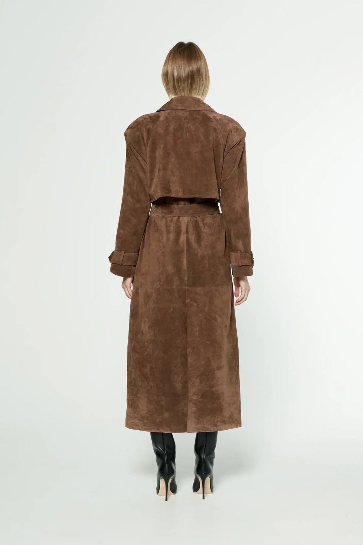 Women's Brown Faux Suede Trench Coat with Belt and Button-Front - Maisie London