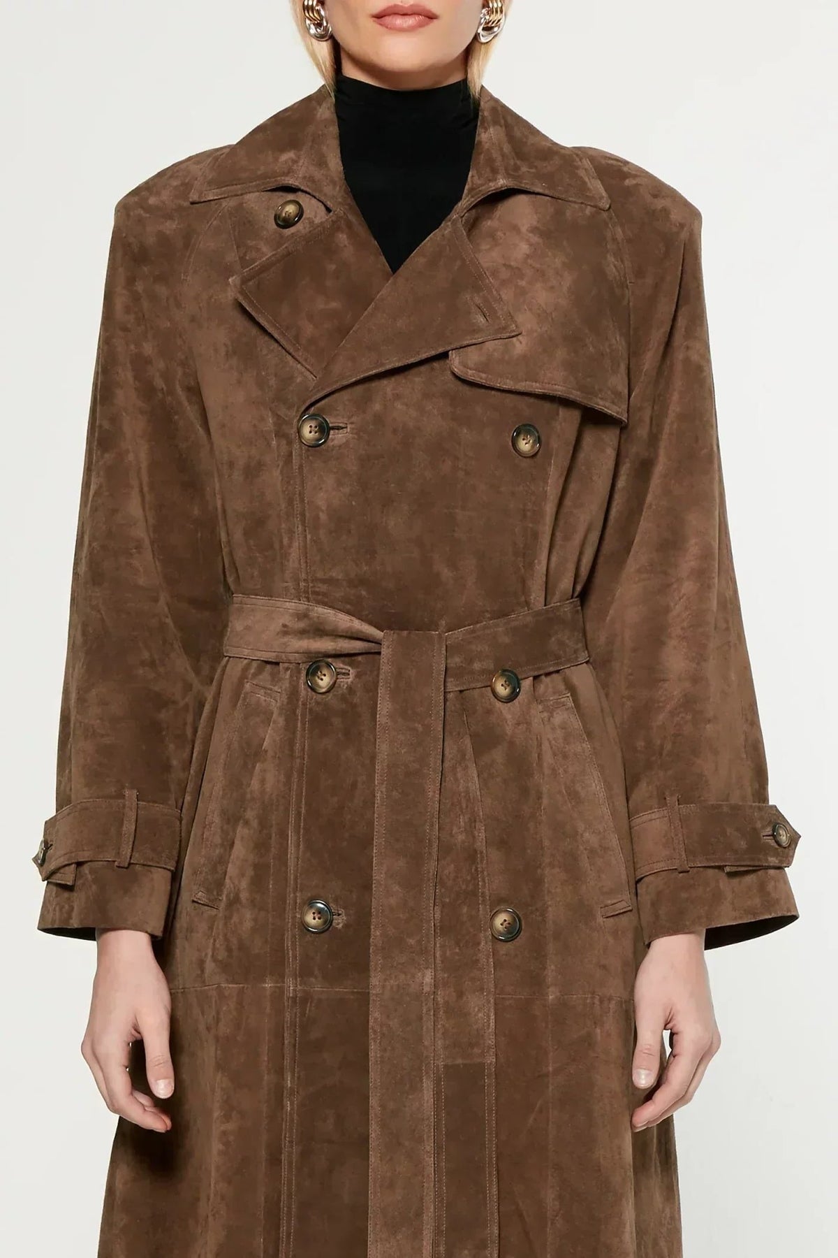 Women's Brown Faux Suede Trench Coat with Belt and Button-Front - Maisie London