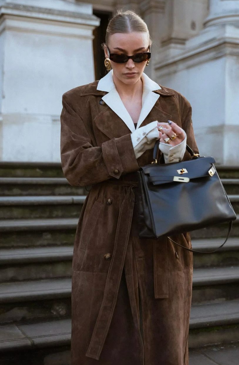 Women's Brown Faux Suede Trench Coat with Belt and Button-Front - Maisie London