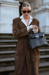 Women's Brown Faux Suede Trench Coat with Belt and Button-Front - Maisie London