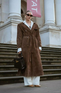 Women's Brown Faux Suede Trench Coat with Belt and Button-Front - Maisie London