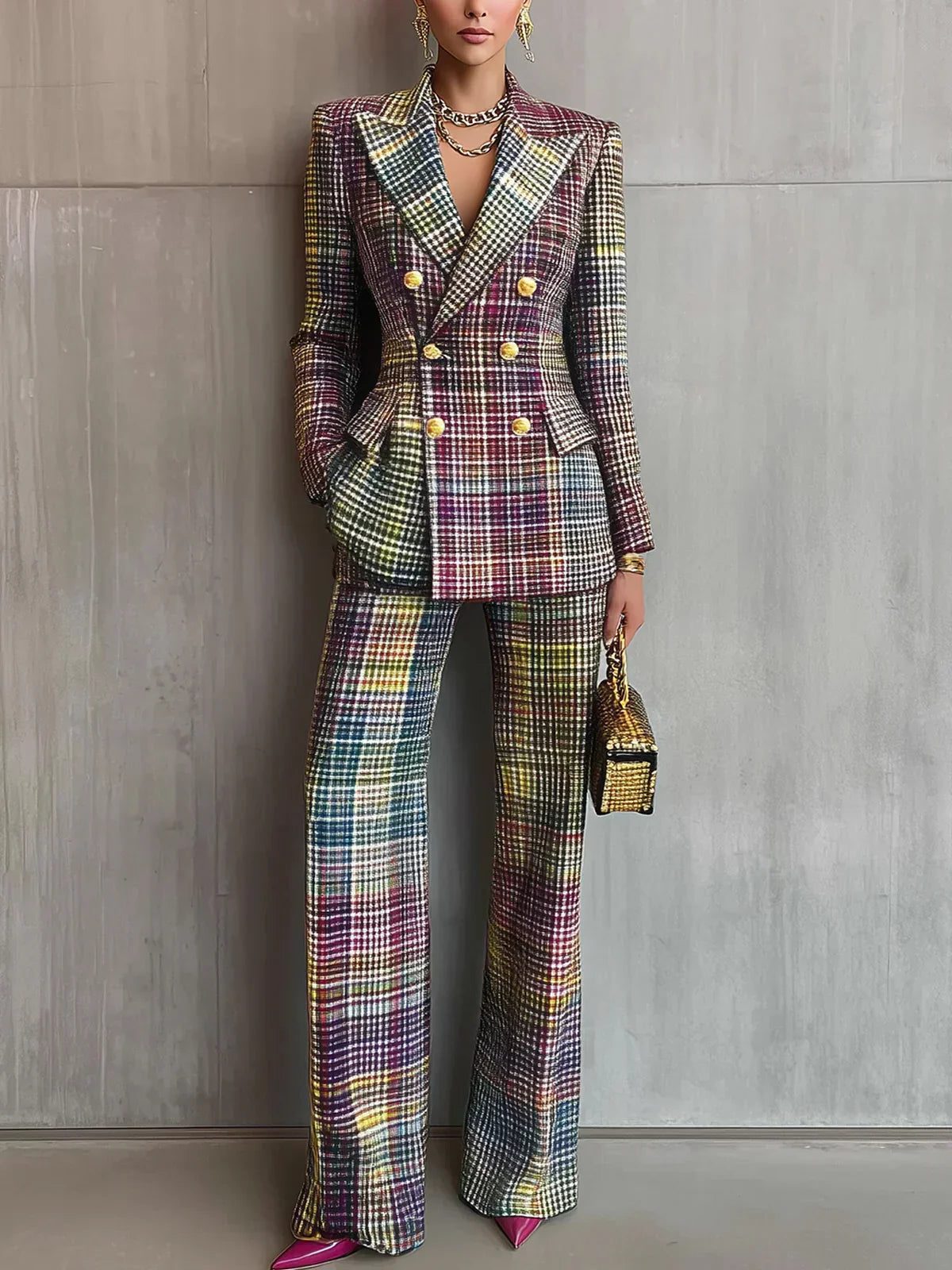 Women's Multicolour Check Blazer and Flared Trouser Co-ord Set - Maisie London