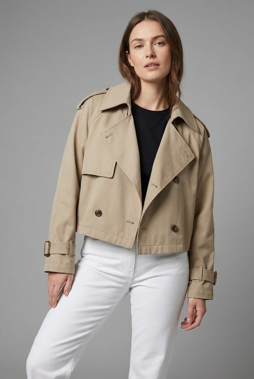 Women's Khaki Twill Cropped Trench Coat with Buckled Cuffs - Maisie London