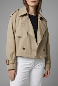 Women's Khaki Twill Cropped Trench Coat with Buckled Cuffs - Maisie London