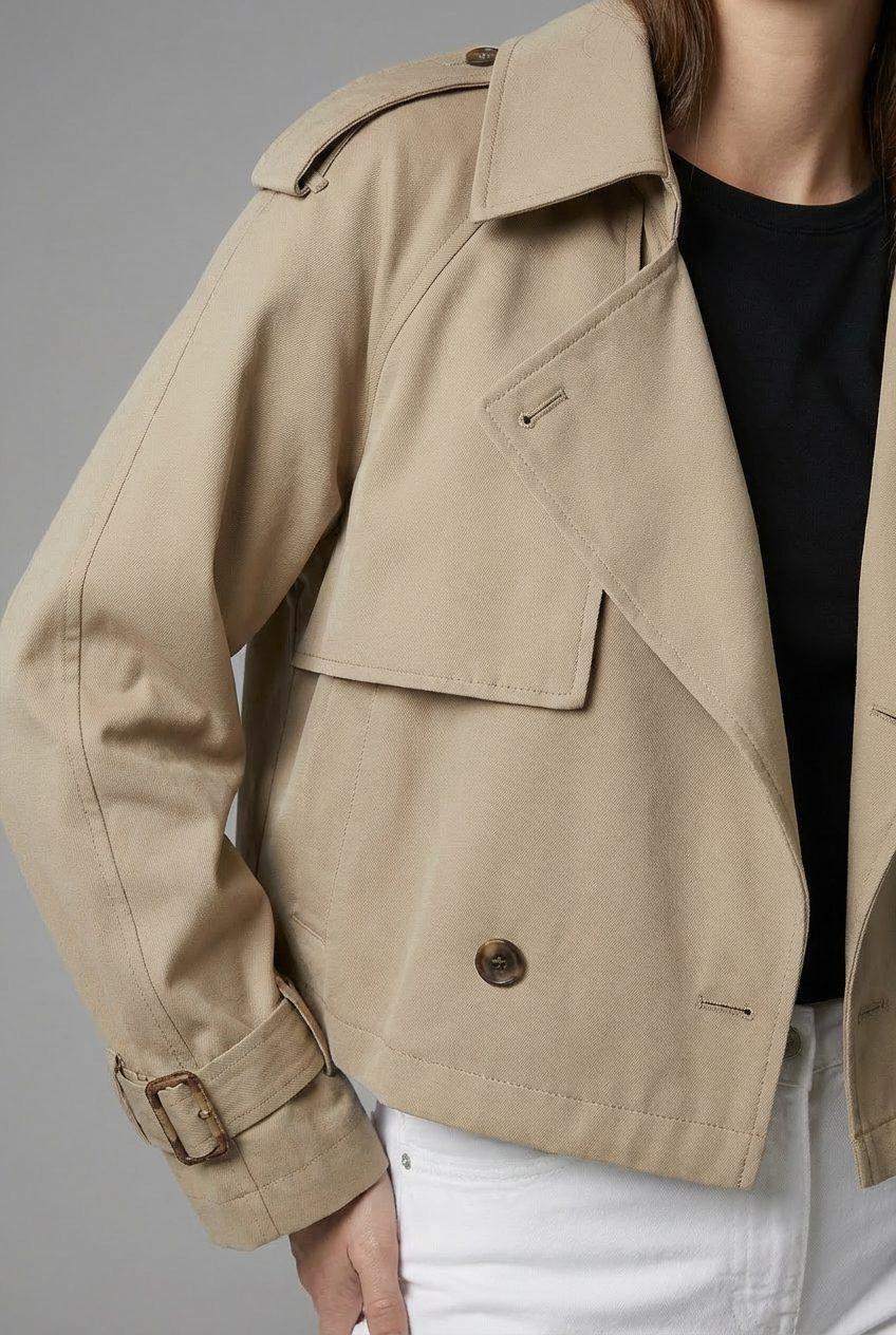 Women's Khaki Twill Cropped Trench Coat with Buckled Cuffs - Maisie London