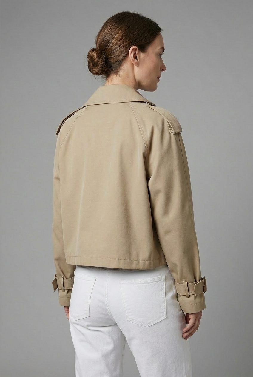Women's Khaki Twill Cropped Trench Coat with Buckled Cuffs - Maisie London