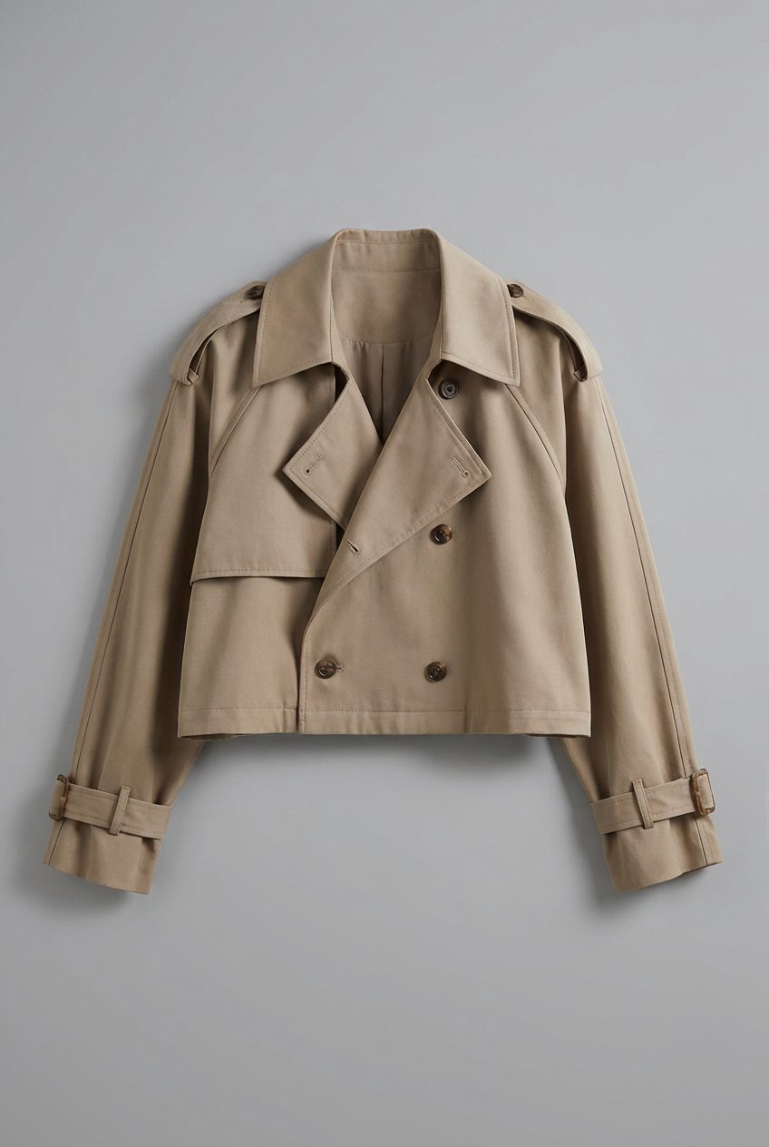 Women's Khaki Twill Cropped Trench Coat with Buckled Cuffs - Maisie London