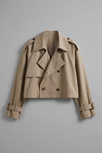 Women's Khaki Twill Cropped Trench Coat with Buckled Cuffs - Maisie London