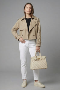 Women's Khaki Twill Cropped Trench Coat with Buckled Cuffs - Maisie London