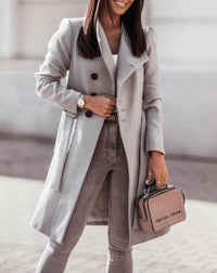 Women's Wool-Look Longline Double-Breasted Coat with Tie Belt - Maisie London