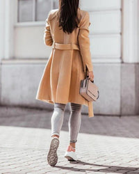 Women's Wool-Look Longline Double-Breasted Coat with Tie Belt - Maisie London