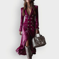 Women's Lilac Velvet Double-Breasted Maxi Dress with Front Slit - Maisie London