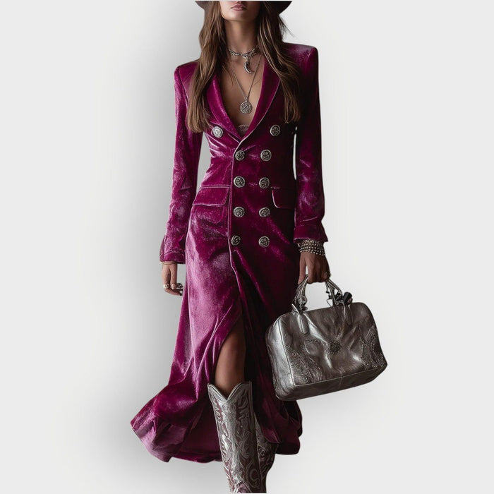 Women's Lilac Velvet Double-Breasted Maxi Dress with Front Slit - Maisie London