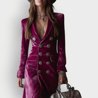 Women's Lilac Velvet Double-Breasted Maxi Dress with Front Slit - Maisie London