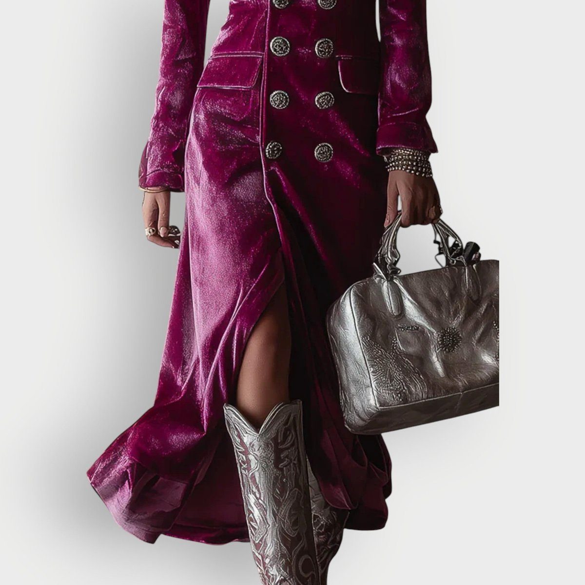 Women's Lilac Velvet Double-Breasted Maxi Dress with Front Slit - Maisie London