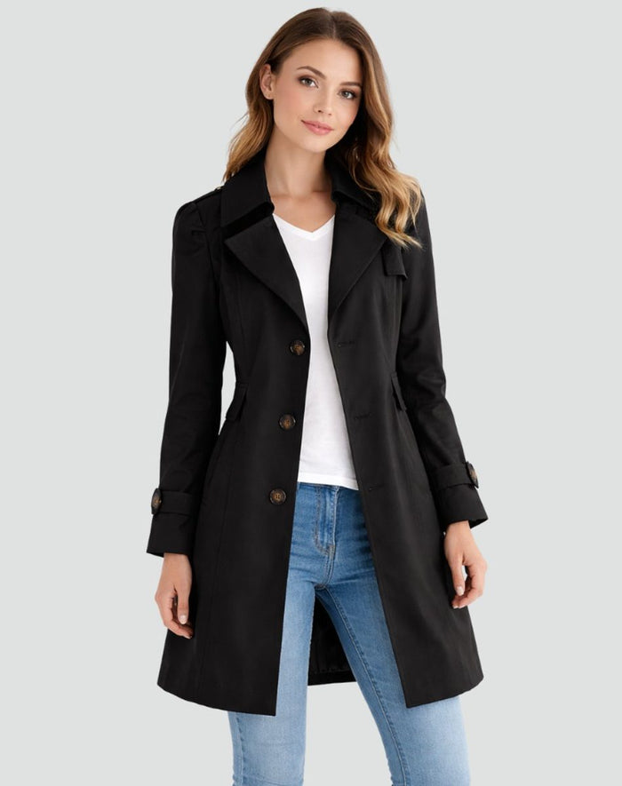 Women's Twill Mid-Thigh Trench Coat with Notch Lapels and Waist Tab - Maisie London
