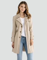 Women's Twill Mid-Thigh Trench Coat with Notch Lapels and Waist Tab - Maisie London