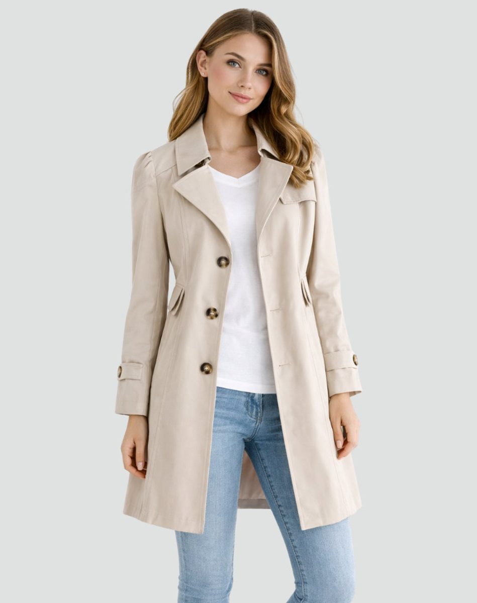 Women's Twill Mid-Thigh Trench Coat with Notch Lapels and Waist Tab - Maisie London
