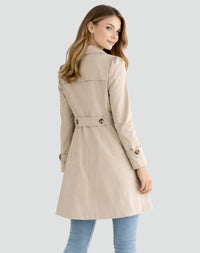 Women's Twill Mid-Thigh Trench Coat with Notch Lapels and Waist Tab - Maisie London