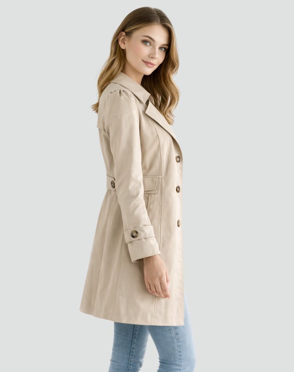 Women's Twill Mid-Thigh Trench Coat with Notch Lapels and Waist Tab - Maisie London
