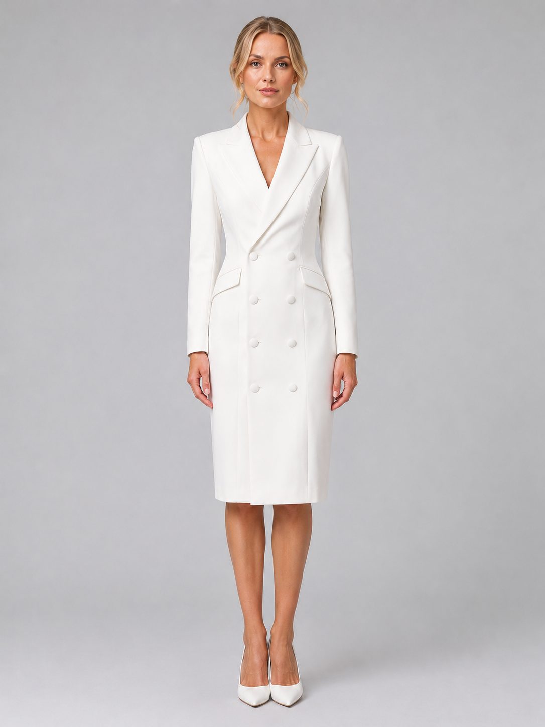 Women's Double-Breasted Midi Blazer Dress with Peak Lapels - Maisie London