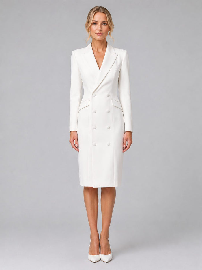 Women's Double-Breasted Midi Blazer Dress with Peak Lapels - Maisie London