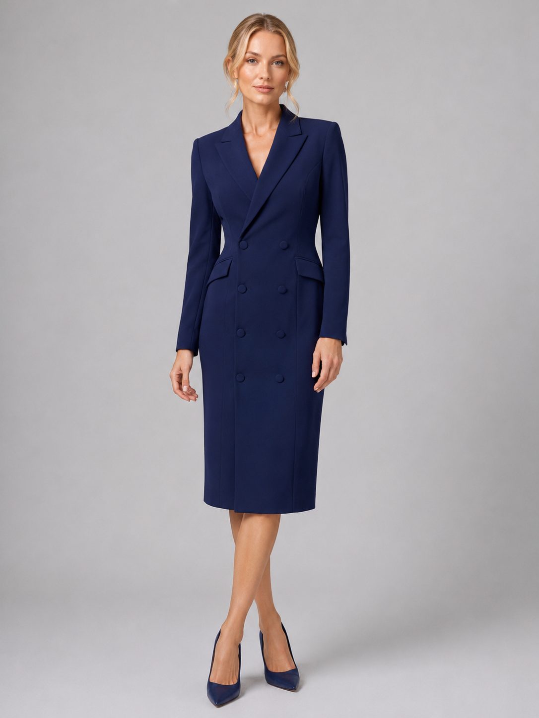 Women's Double-Breasted Midi Blazer Dress with Peak Lapels - Maisie London