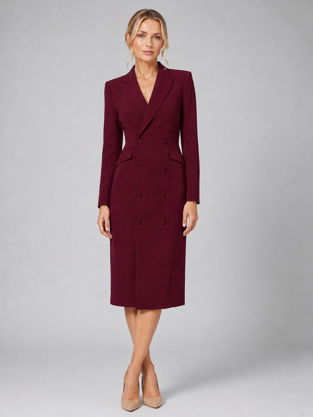 Women's Double-Breasted Midi Blazer Dress with Peak Lapels - Maisie London