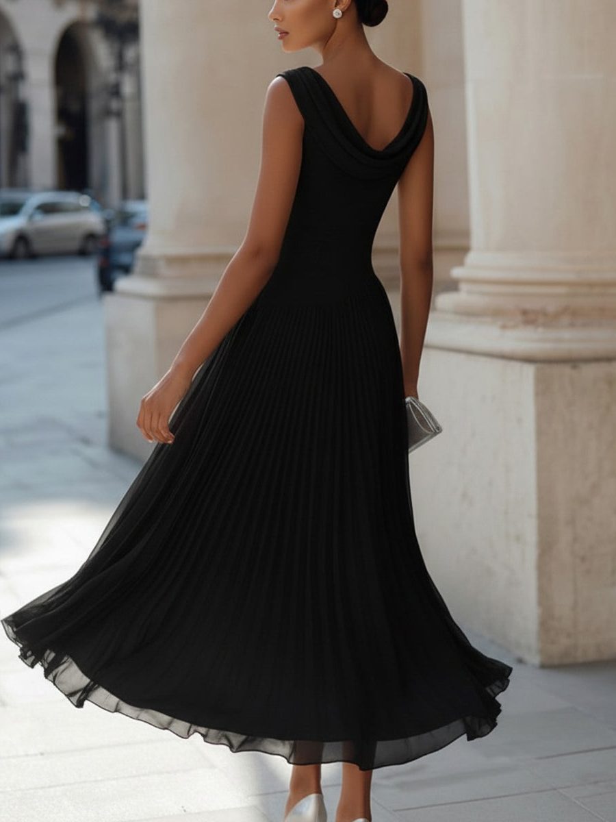 Women's Chiffon Pleated Midi Dress with Draped Neck and Ruched Waist - Maisie London