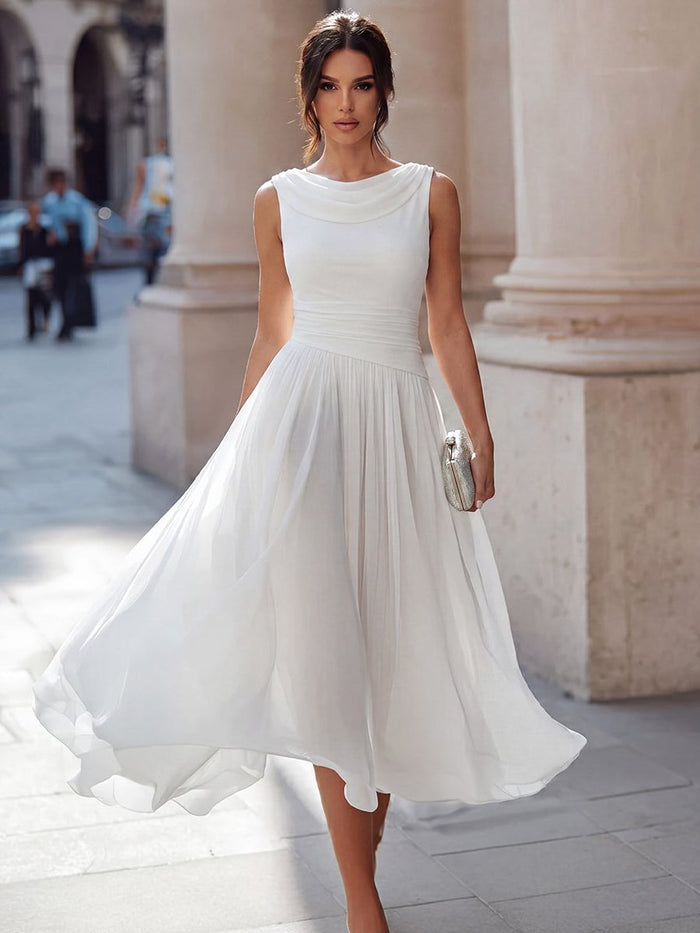 Women's Chiffon Pleated Midi Dress with Draped Neck and Ruched Waist - Maisie London