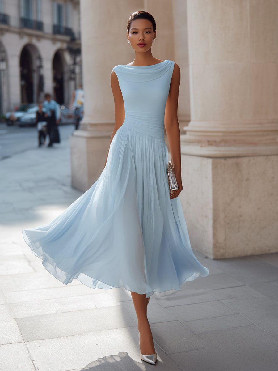 Women's Chiffon Pleated Midi Dress with Draped Neck and Ruched Waist - Maisie London