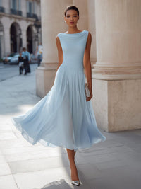 Women's Chiffon Pleated Midi Dress with Draped Neck and Ruched Waist - Maisie London