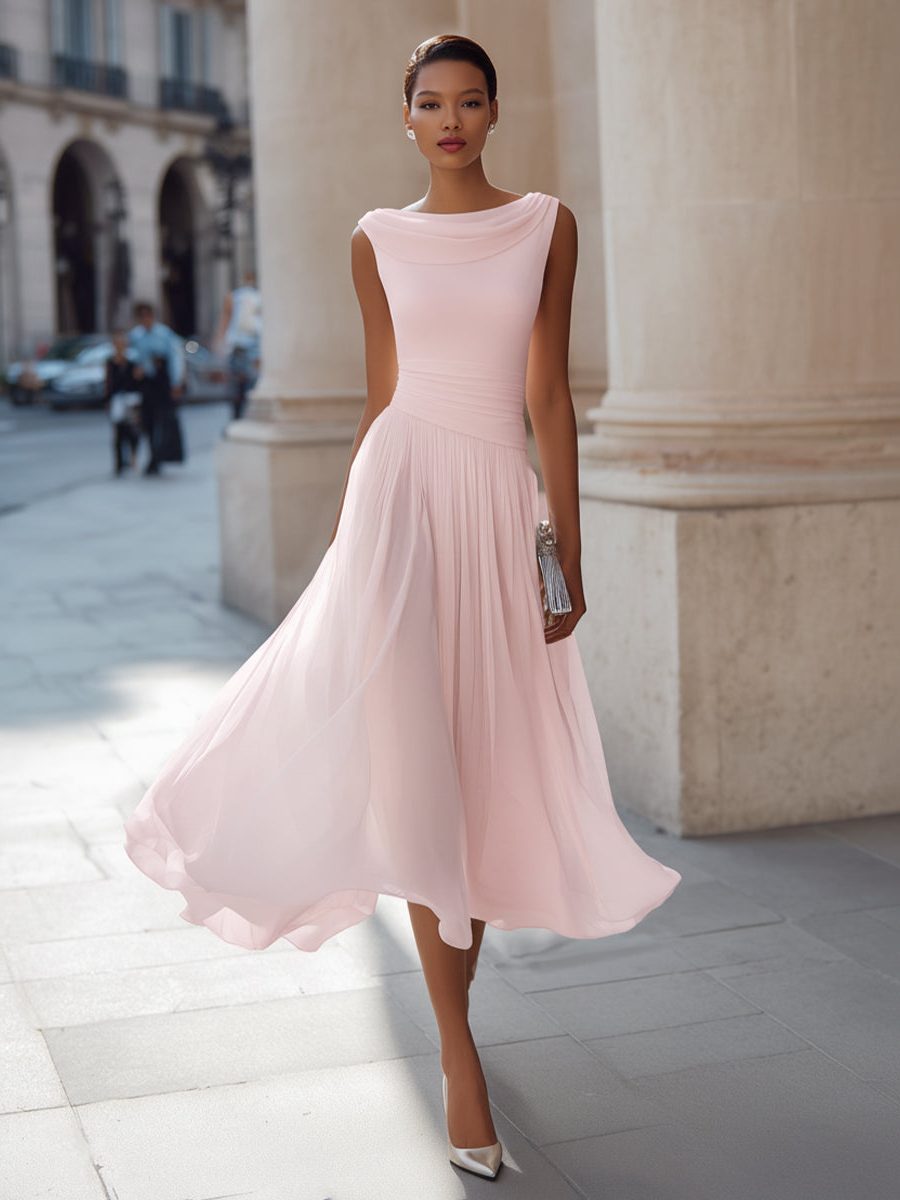 Women's Chiffon Pleated Midi Dress with Draped Neck and Ruched Waist - Maisie London