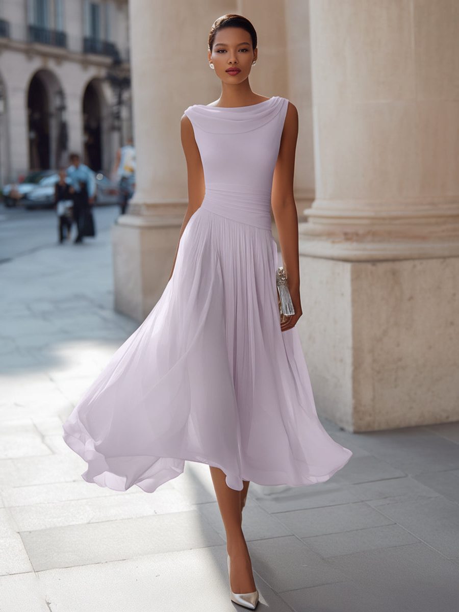 Women's Chiffon Pleated Midi Dress with Draped Neck and Ruched Waist - Maisie London