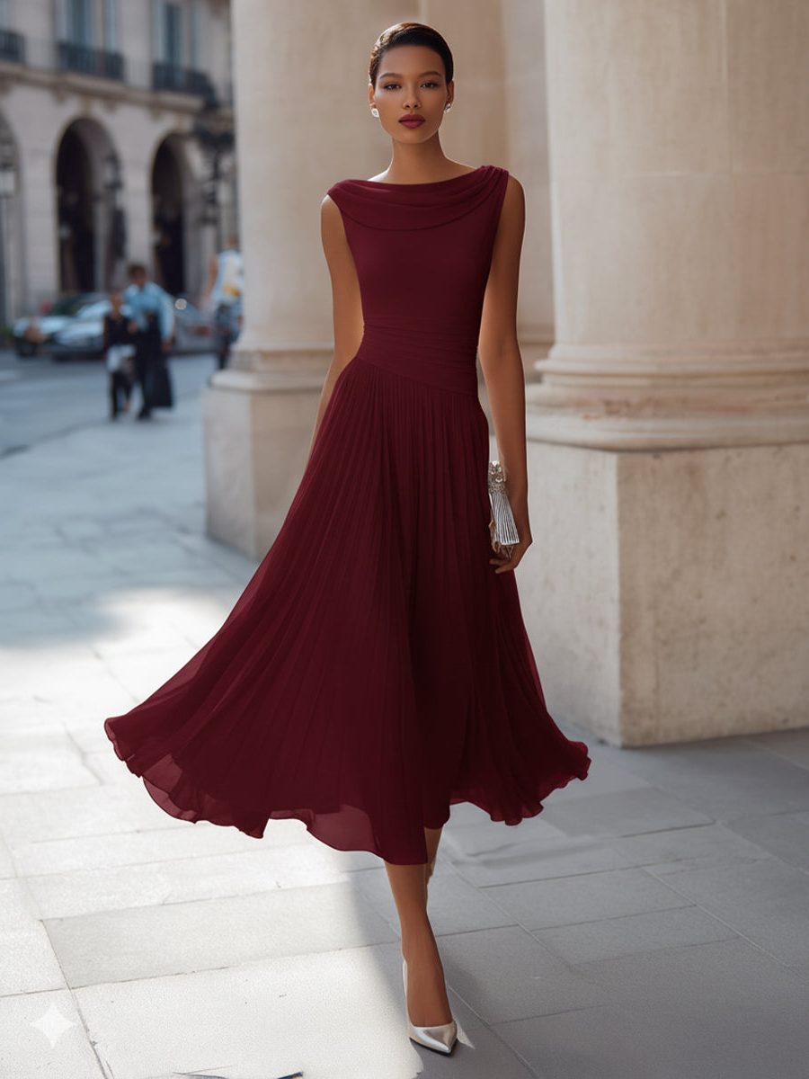 Women's Chiffon Pleated Midi Dress with Draped Neck and Ruched Waist - Maisie London