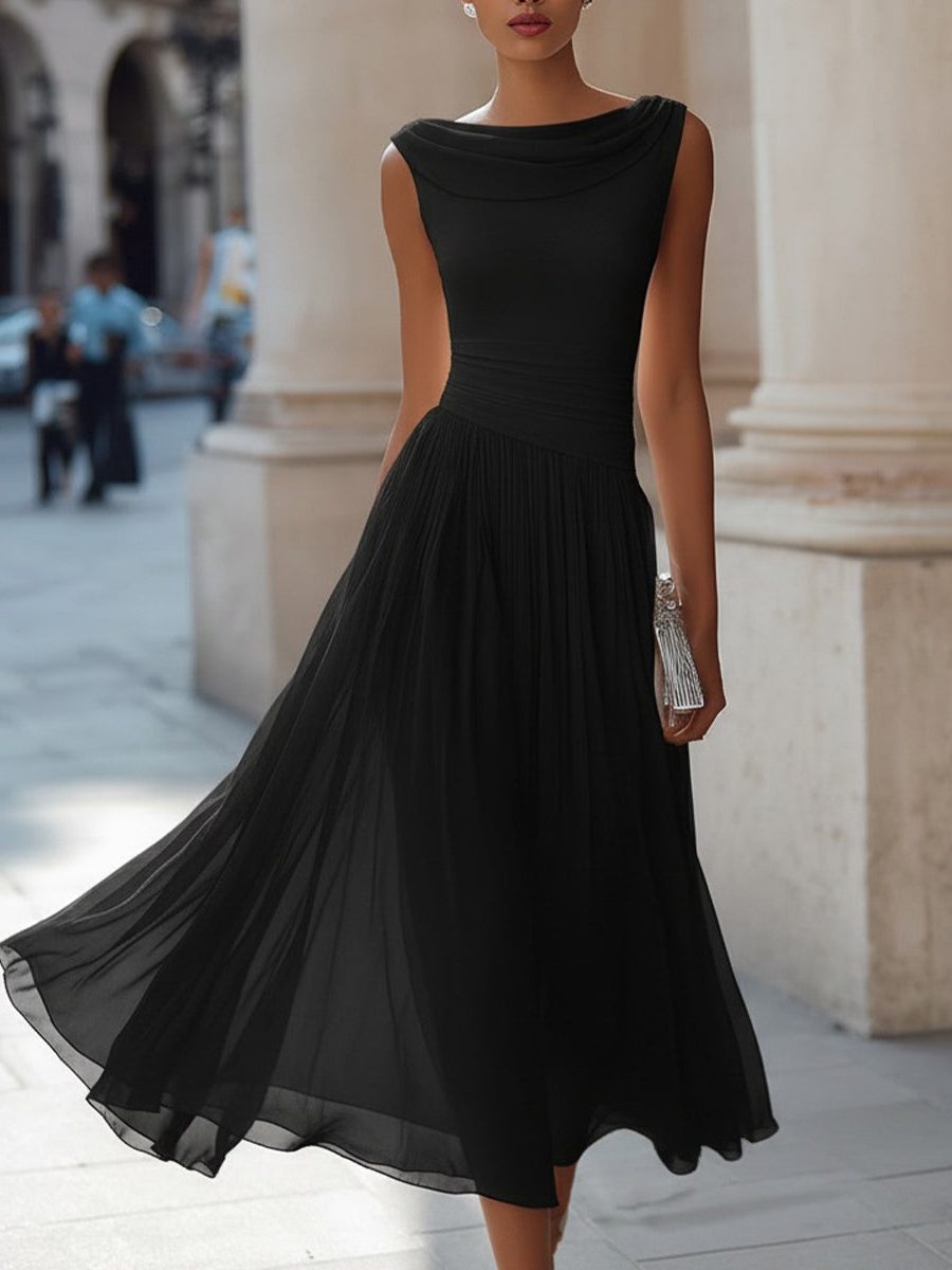 Women's Chiffon Pleated Midi Dress with Draped Neck and Ruched Waist - Maisie London