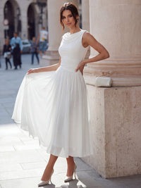 Women's Chiffon Pleated Midi Dress with Draped Neck and Ruched Waist - Maisie London