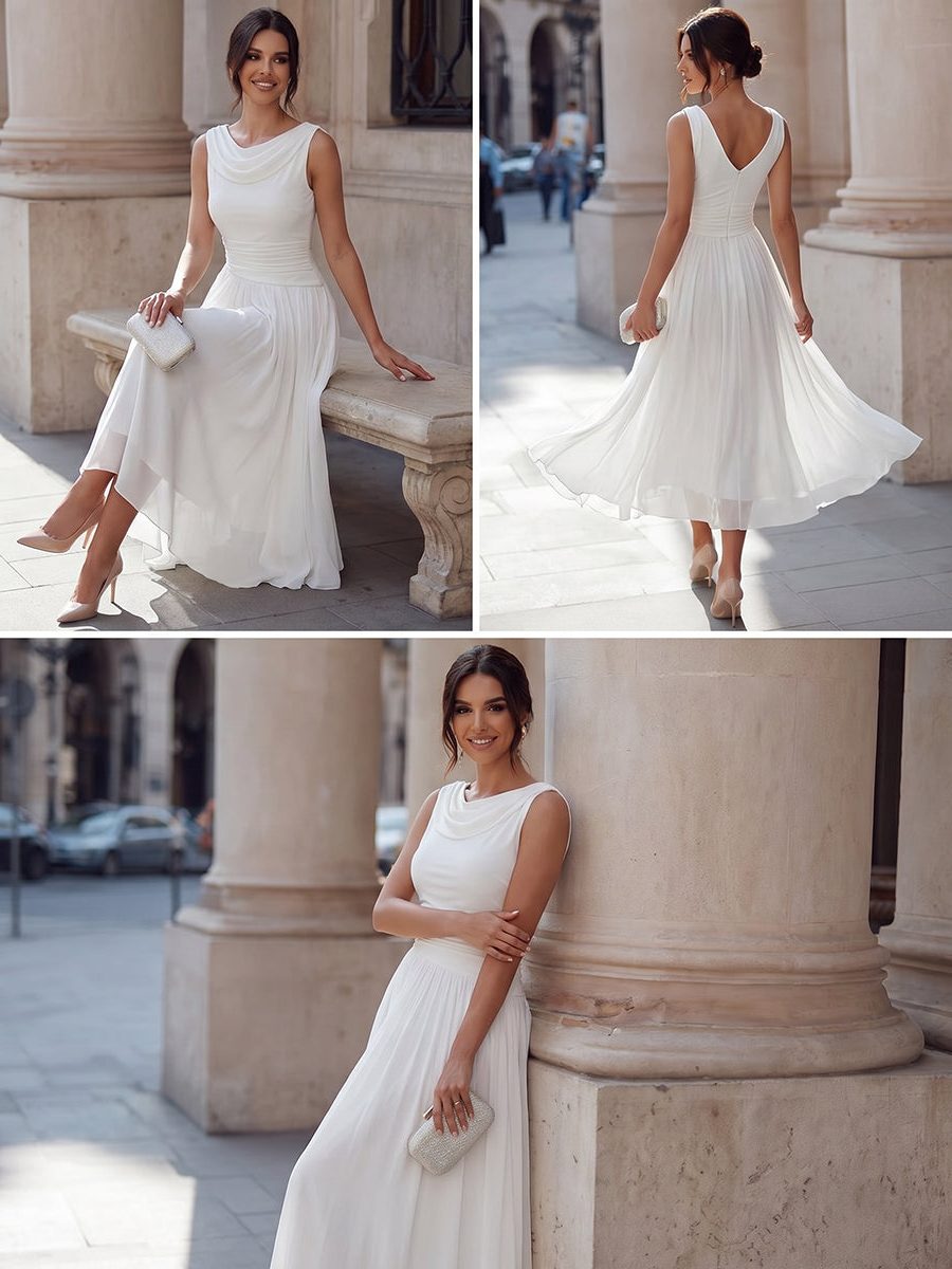 Women's Chiffon Pleated Midi Dress with Draped Neck and Ruched Waist - Maisie London