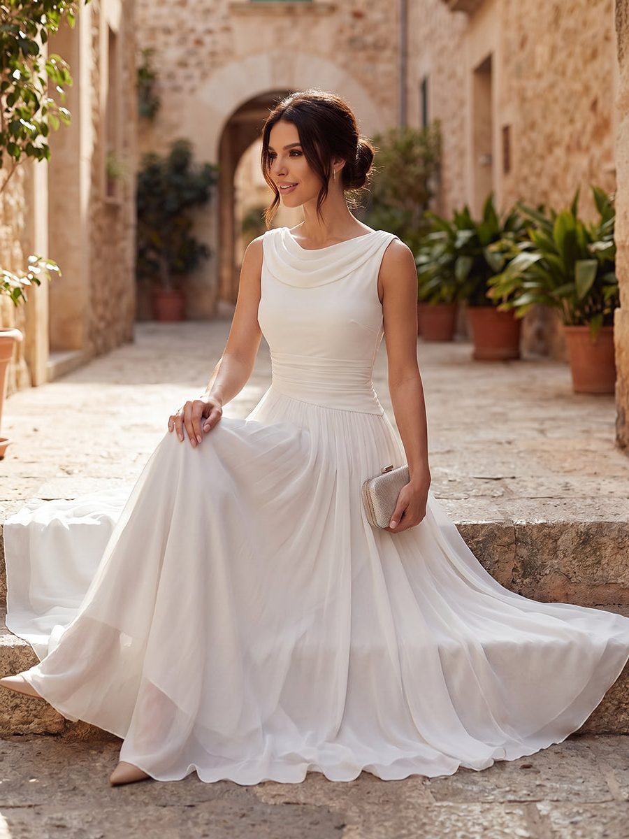 Women's Chiffon Pleated Midi Dress with Draped Neck and Ruched Waist - Maisie London