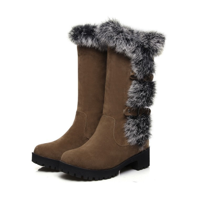 Women's Faux Suede Mid-Calf Snow Boots with Faux Fur Trim and Buckles - Maisie London