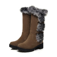 Women's Faux Suede Mid-Calf Snow Boots with Faux Fur Trim and Buckles - Maisie London