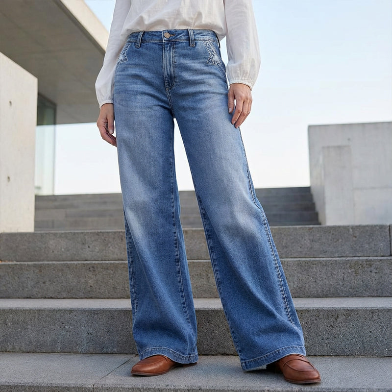 Women's Blue Denim High-Waisted Wide-Leg Jeans with Belt Loops - Maisie London