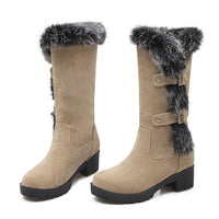 Women's Faux Suede Mid-Calf Snow Boots with Faux Fur Trim and Buckles - Maisie London