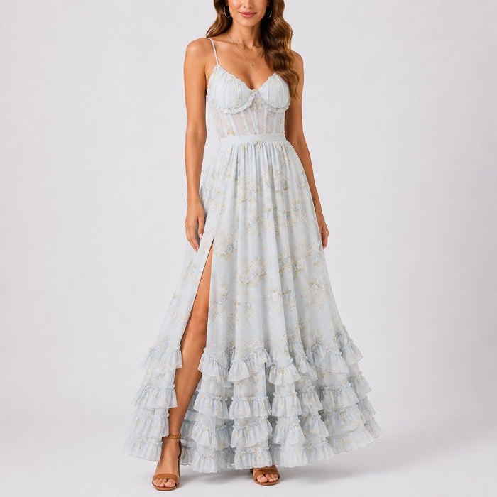 Women's Floral Chiffon Corset Maxi Dress with Ruffle Hem and Split - Maisie London